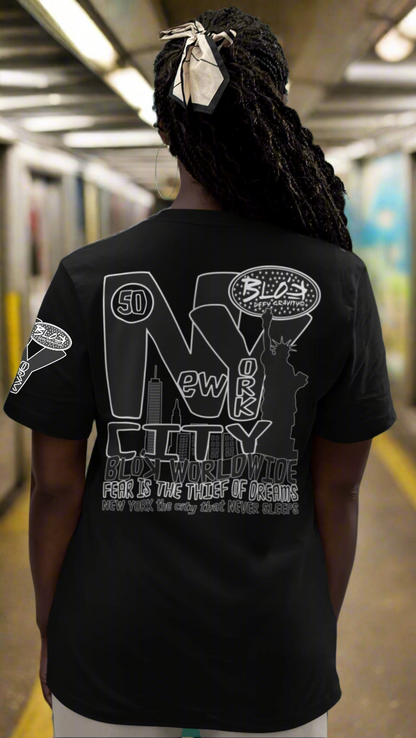 New York City Worldwide - Front, Back & Arm Print in Black & White - Women's Relaxed Fit